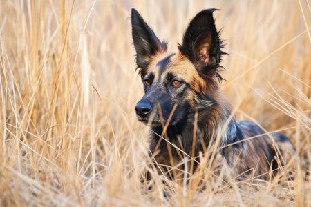 an african wild dog stalking in dry grass, created with generative aiの素材