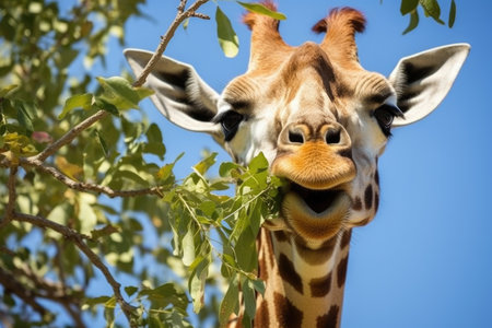 close-up of a giraffe eating leaves from a tall acacia tree, created with generative aiの素材