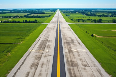 aerial view of landing strip with taxiway lines, created with generative aiの素材