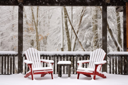 snow-covered deck chairs near a winter lodge, created with generative aiの素材