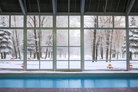 indoor heated swimming pool with snow outside, created with generative aiの素材