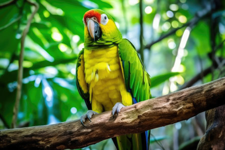 a parrot mimicking sounds in the dense jungle, created with generative aiの素材