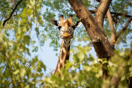 giraffe reaching tall tree leaves with its long neck, created with generative aiの素材