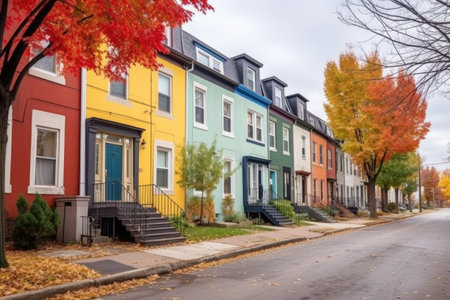 row of townhouses with colorful front doors, taken at street level, created with generative aiの素材