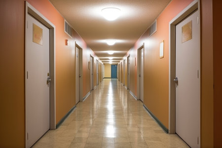 condominium hallway with number marked doors, created with generative aiの素材