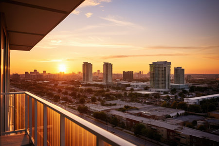 condominium overlooking a city skyline during sunset, created with generative aiの素材