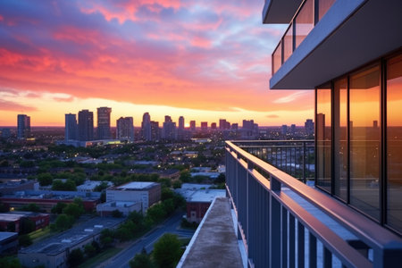 condominium overlooking a city skyline during sunset, created with generative aiの素材
