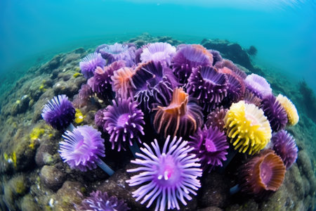 an overhead shot of a colony of vibrant sea anemones, created with generative aiの素材
