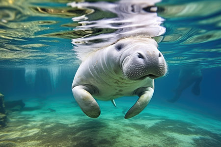 manatee pushing forward through shallow, clear water, created with generative aiの素材