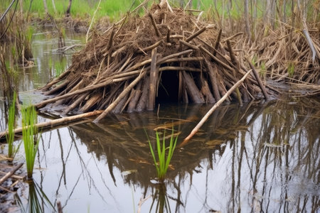 beaver lodge made of sticks and mud, created with generative aiの素材