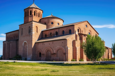 romanesque church with rounded arches and thick walls, created with generative aiの素材