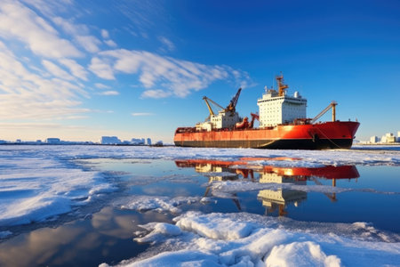 icebreaker ship moored in arctic port, seen from shore, created with generative aiの素材