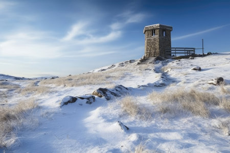 watchtower in snowy arctic wilderness for wildlife spotting, created with generative aiの素材