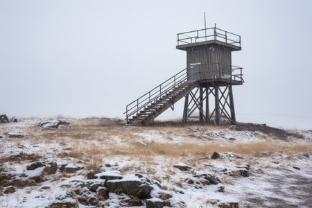 watchtower in snowy arctic wilderness for wildlife spotting, created with generative aiの素材