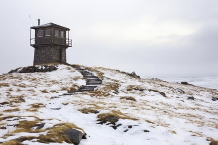 watchtower in snowy arctic wilderness for wildlife spotting, created with generative aiの素材