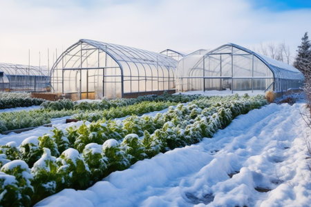 greenhouse in snow, growing plants in arctic region, created with generative aiの素材