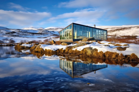 energy-efficient glass house with solar panels in arctic landscape, created with generative aiの素材