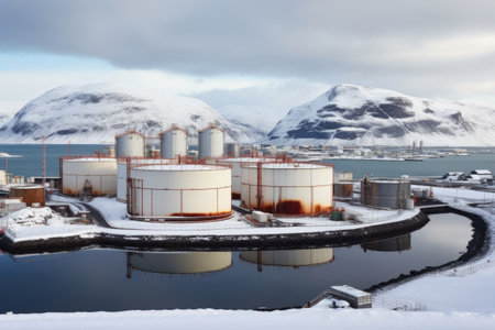metal storage tanks in arctic oil depot, created with generative aiの素材