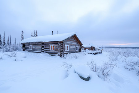 arctic log cabin covered by drifting snow, created with generative aiの素材