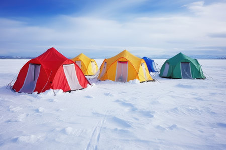 brightly colored arctic research tents in a snow field, created with generative aiの素材