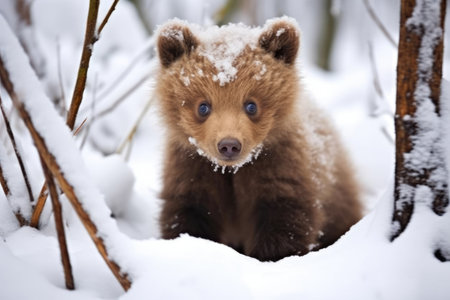 brown bear cub playing in the snow, created with generative aiの素材
