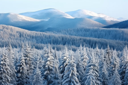 frozen pine trees covering a mountain range, created with generative aiの素材