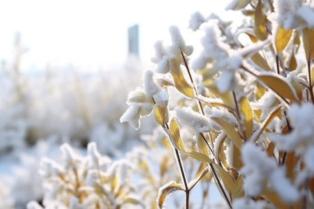 frozen flowers covered in rime against snowy background, created with generative aiの素材