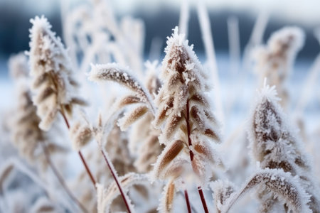 frozen flowers covered in rime against snowy background, created with generative aiの素材