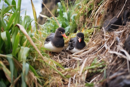 puffins nesting on a chilly cliffside, created with generative aiの素材