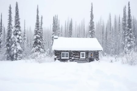 isolated arctic cabin in heavy snowfall, created with generative aiの素材