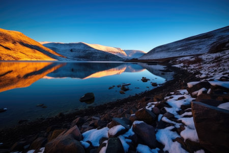 frosty fjord lit by the midnight sun, created with generative aiの素材