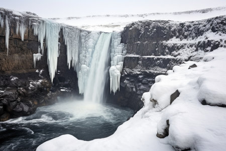 frozen waterfall against a snowy tundra backdrop, created with generative aiの素材
