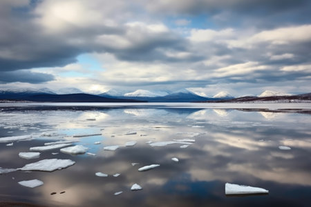 ice-filled bay with distant mountains under cloudy sky, created with generative aiの素材