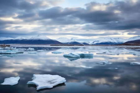 ice-filled bay with distant mountains under cloudy sky, created with generative aiの素材