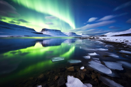borealis lights reflecting on frozen sea, created with generative aiの素材
