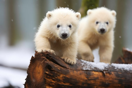 polar bear cub following its mother, created with generative aiの素材
