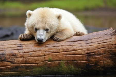 polar bear cub following its mother, created with generative aiの素材