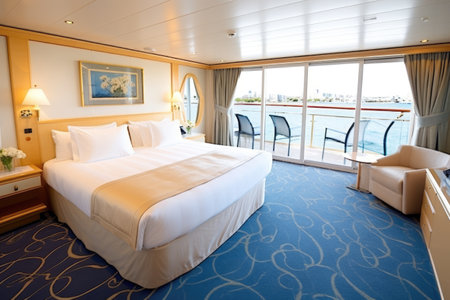 luxurious master suite in a cruise ship, created with generative aiの素材