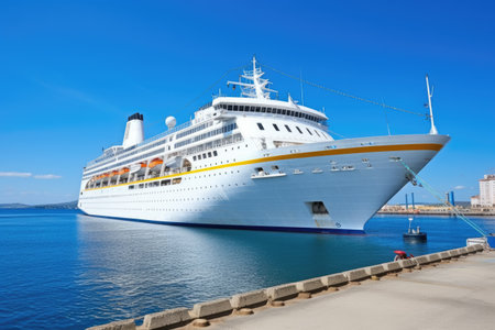 cruise ship manoeuvering into a port, created with generative aiの素材