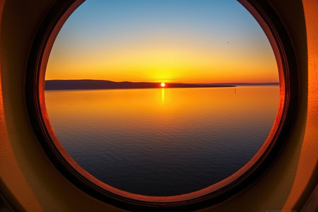 close-up of a ships window reflecting the sunset, created with generative aiの素材