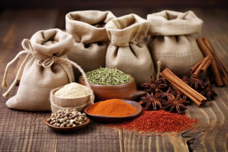 variety of organic spices in burlap sacks, created with generative aiの素材