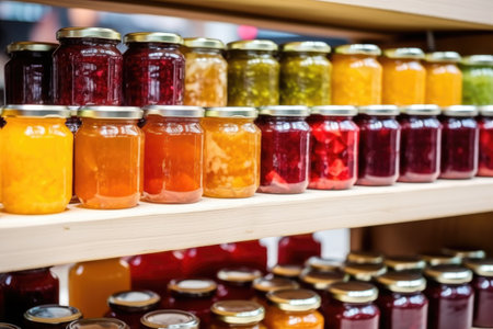 jars of homemade jam aligned on a stall shelf, created with generative aiの素材