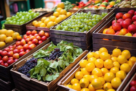 colourful organic fruits in crates stacked at a market stall, created with generative aiの素材