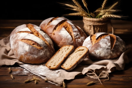 freshly baked sourdough bread loaves on a wooden table, created with generative aiの素材