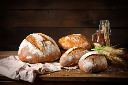freshly baked sourdough bread loaves on a wooden table, created with generative aiの素材