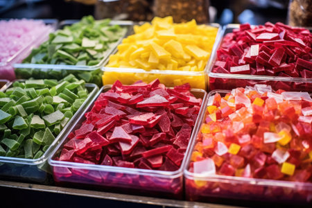 heaps of colourful candy in an artisan sweets stall, created with generative aiの素材