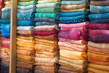 array of hand-dyed, patterned fabrics folded neatly, created with generative aiの素材