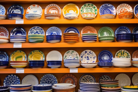 ceramic plates on display shelves at a market, created with generative aiの素材