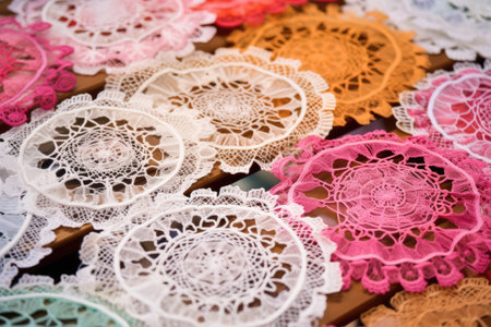 intricate hand-made lace doilies showcased, created with generative aiの素材
