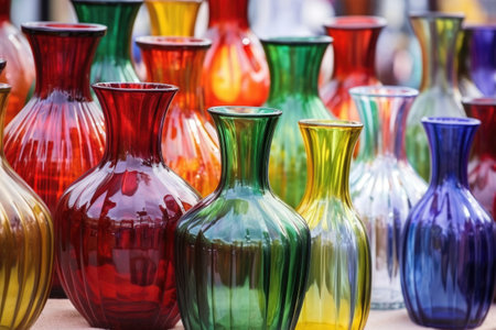 display of multicolored glass vases on market stall, created with generative aiの素材